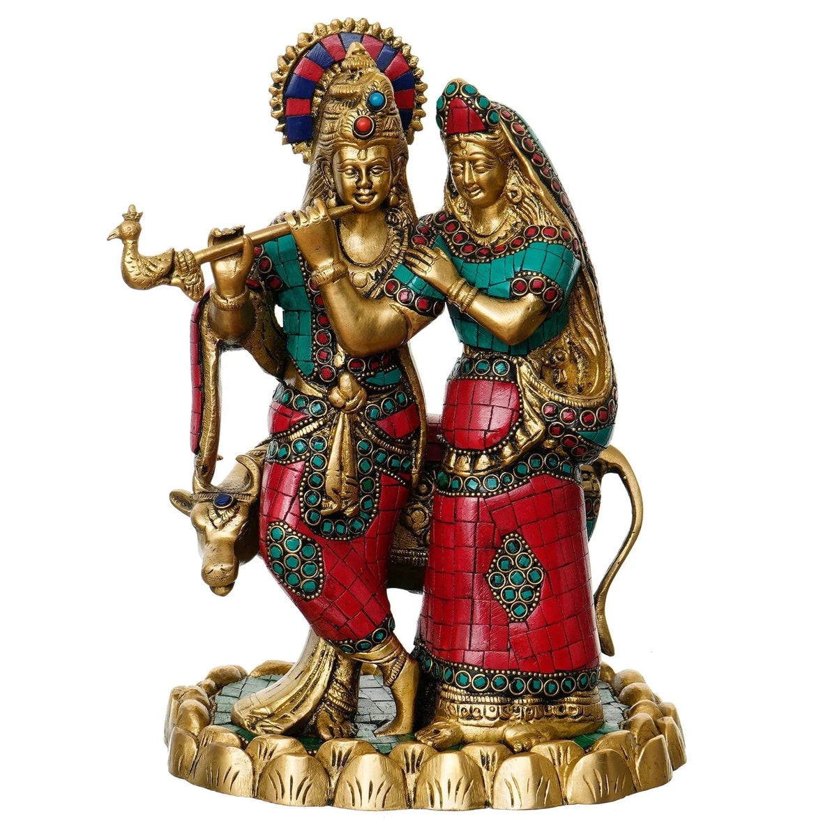 Colorful Stone Work Brass Radha Krishna Statue with Cow Figurine (Gold, Green, Red) - ArtyCraftz