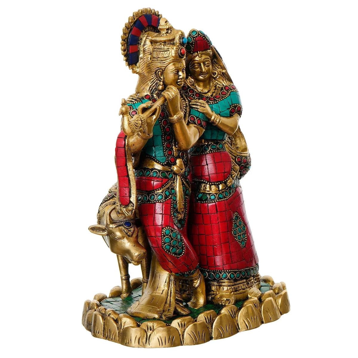 Colorful Stone Work Brass Radha Krishna Statue with Cow Figurine (Gold, Green, Red) - ArtyCraftz