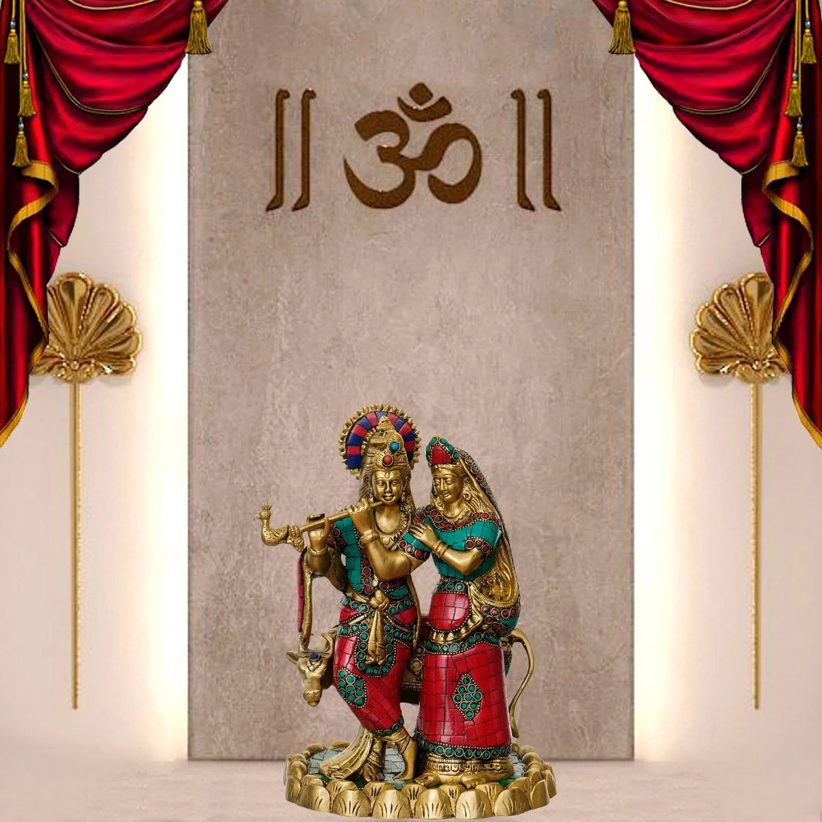 Colorful Stone Work Brass Radha Krishna Statue with Cow Figurine (Gold, Green, Red) - ArtyCraftz