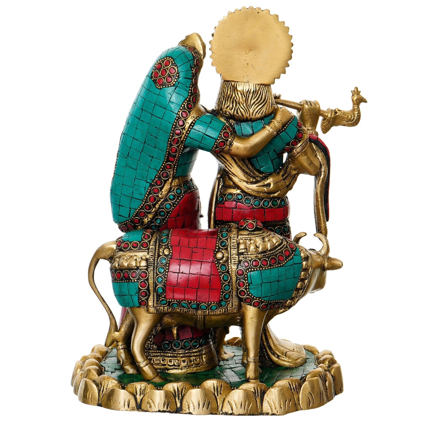 Colorful Stone Work Brass Radha Krishna Statue with Cow Figurine (Gold, Green, Red) - ArtyCraftz