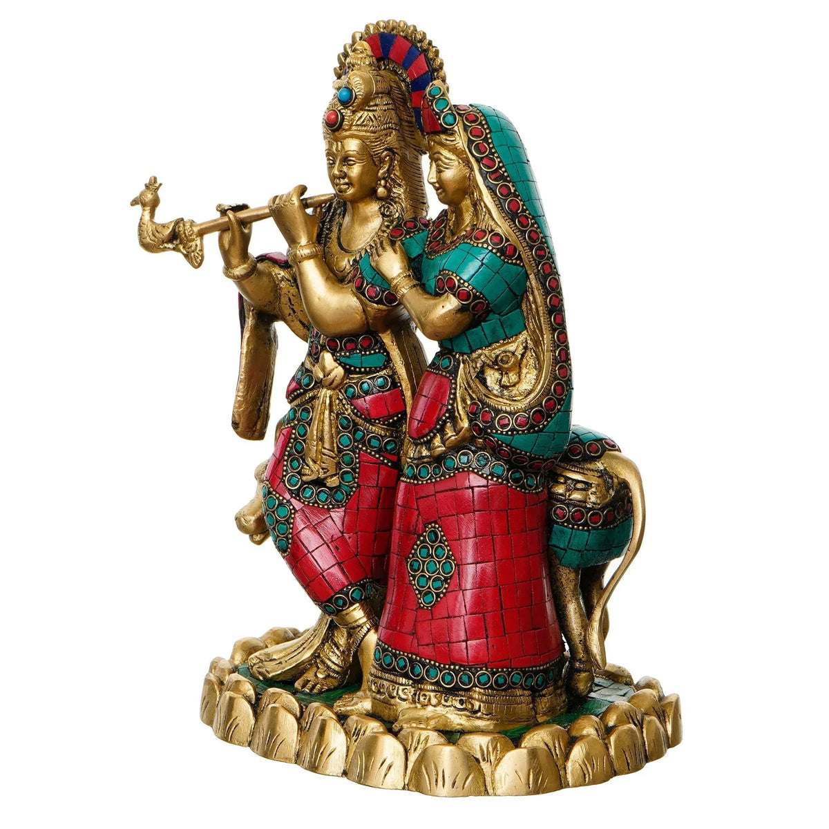 Colorful Stone Work Brass Radha Krishna Statue with Cow Figurine (Gold, Green, Red) - ArtyCraftz