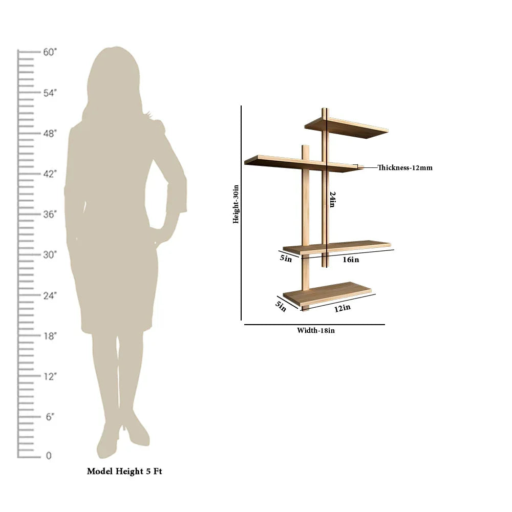 Contemporary Designer Wall Shelf with Light Oak Finish with Dimensions