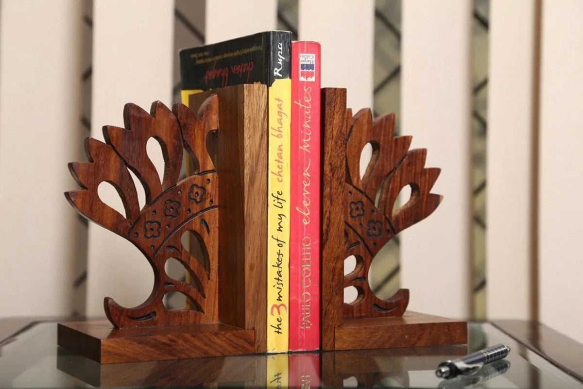 Handcrafted Wooden Modern Crown Engraved Sheesham Bookends