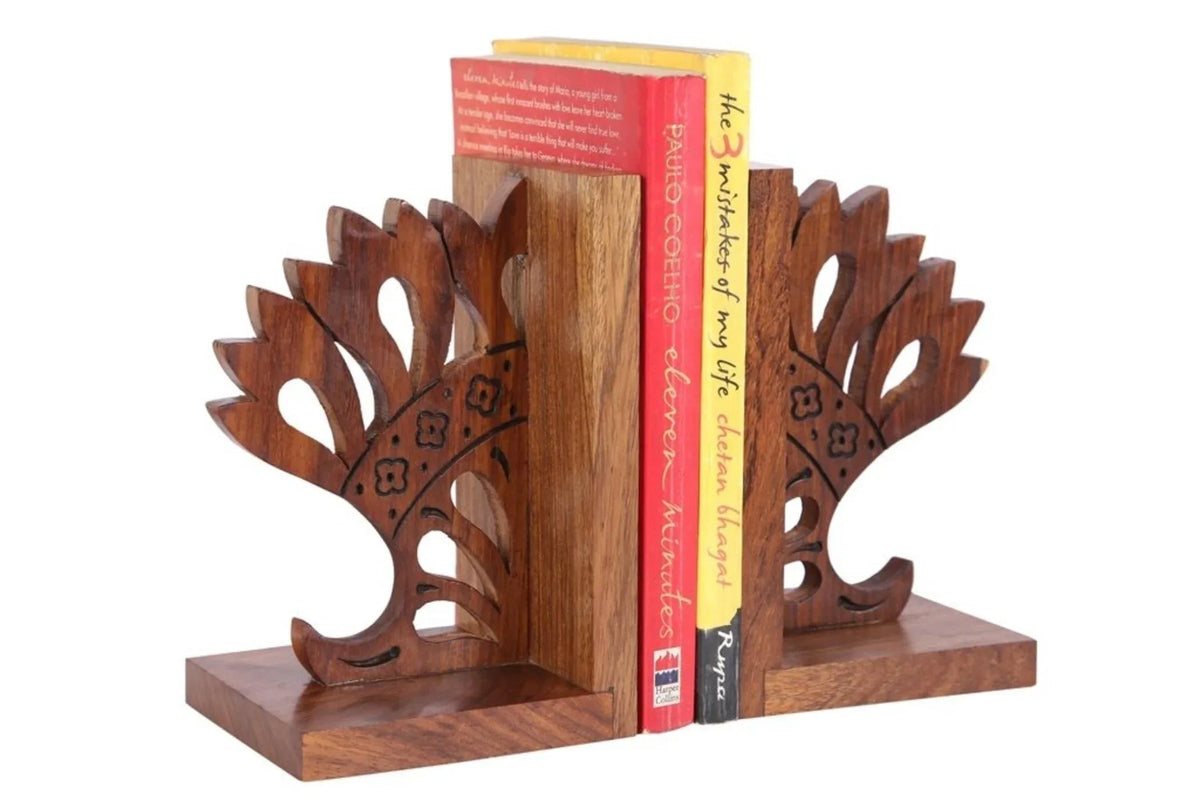 Handcrafted Wooden Modern Crown Engraved Sheesham Bookends