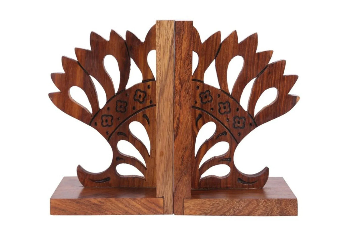 Handcrafted Wooden Modern Crown Engraved Sheesham Bookends