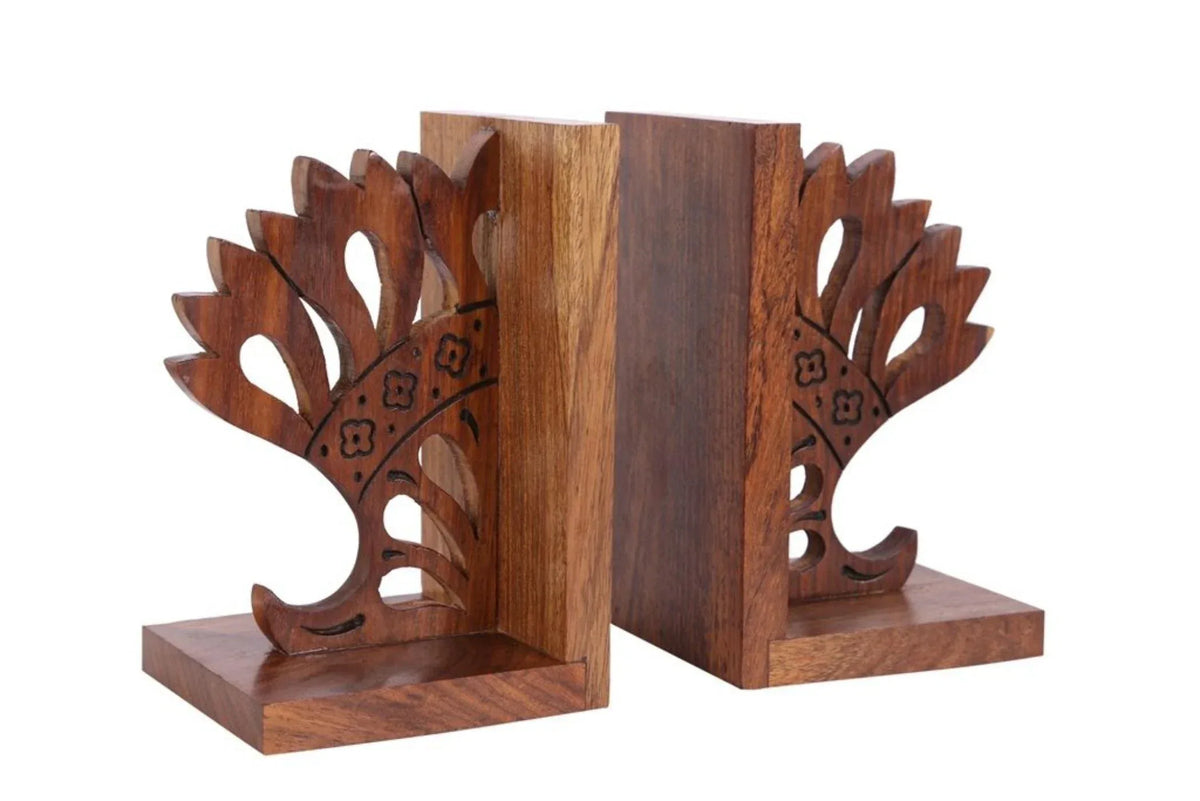 Handcrafted Wooden Modern Crown Engraved Sheesham Bookends
