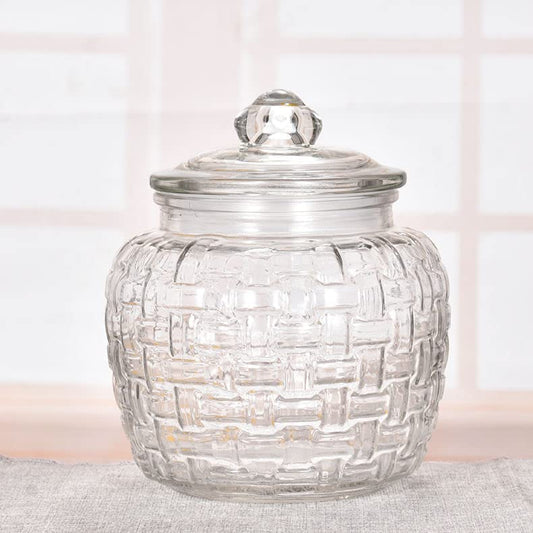 Crystal Clear Glass Jar Container In Catchman Pattern With Airtight Glass Lid - ArtyCraftz