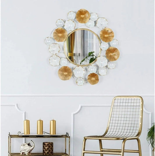 Decorative Golden and White Flower Round Wall Mirror - ArtyCraftz