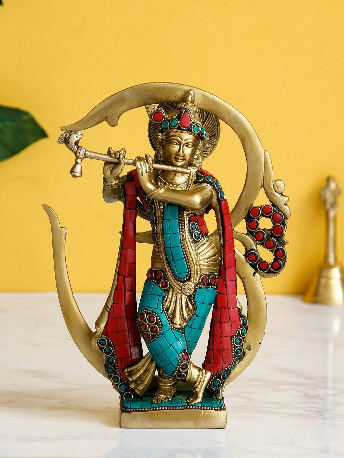 Decorative Golden Brass Lord Krishna Playing Flute with Om Symbol Idol with Colorful Stone Work - ArtyCraftz