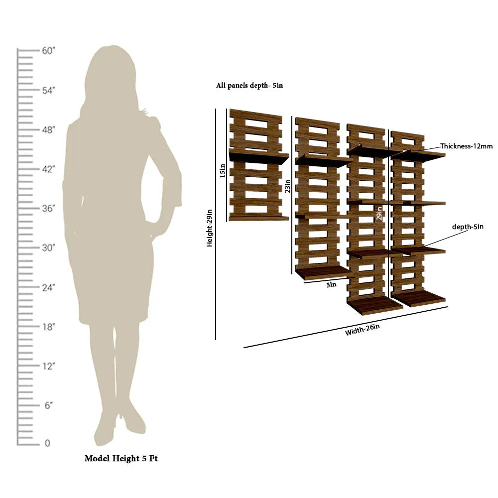 Designer Unique Pattern Dark Walnut Planter Shelves Set Of 4 with Dimensions