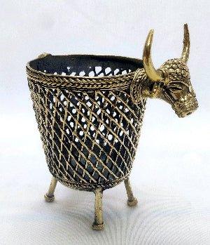 Dhokra Art Brass Bull Penstand cum Candle Holder - ArtyCraftz