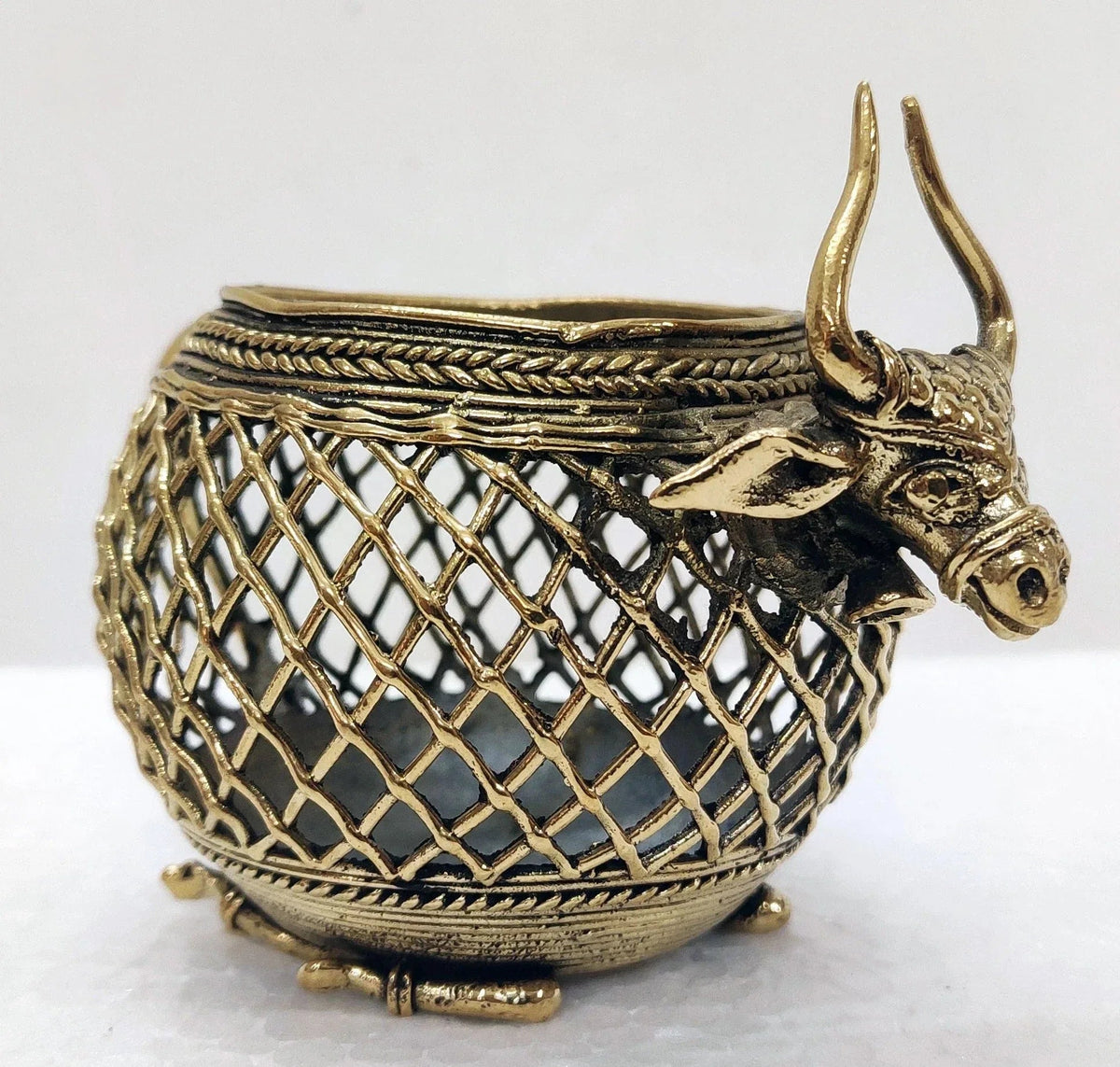 Dhokra Art Brass Sitting Bull Penstand cum Candle Holder - ArtyCraftz