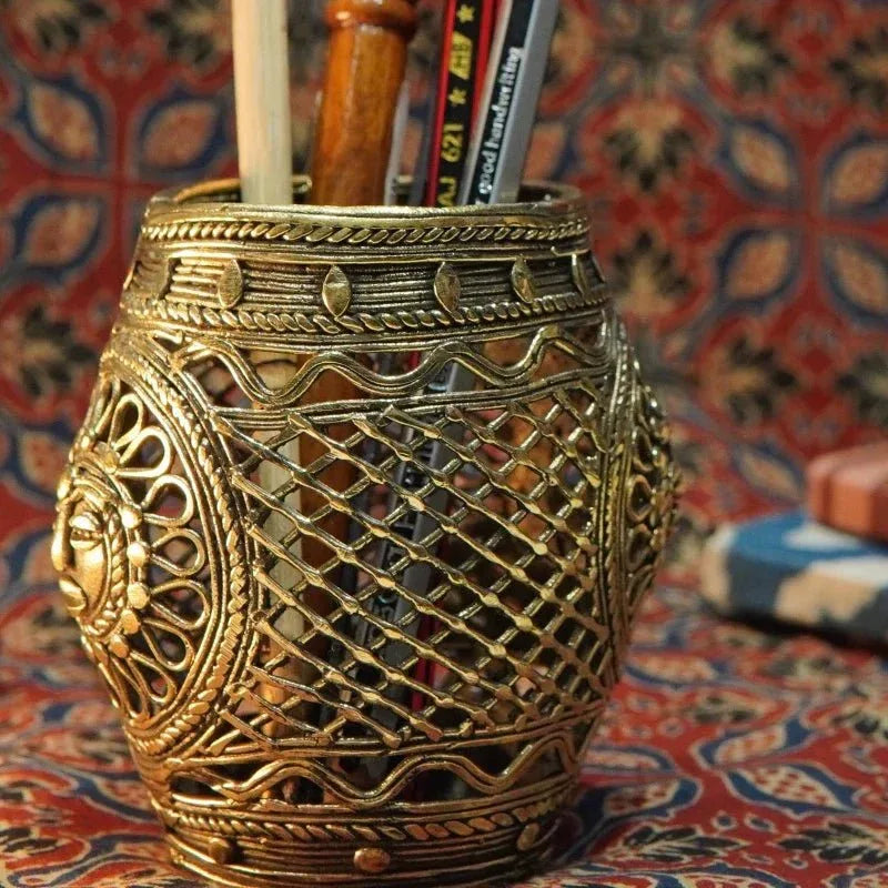 Dhokra Art Sun and Water Drops Cylindrical Pen/Cutlery Holder - ArtyCraftz