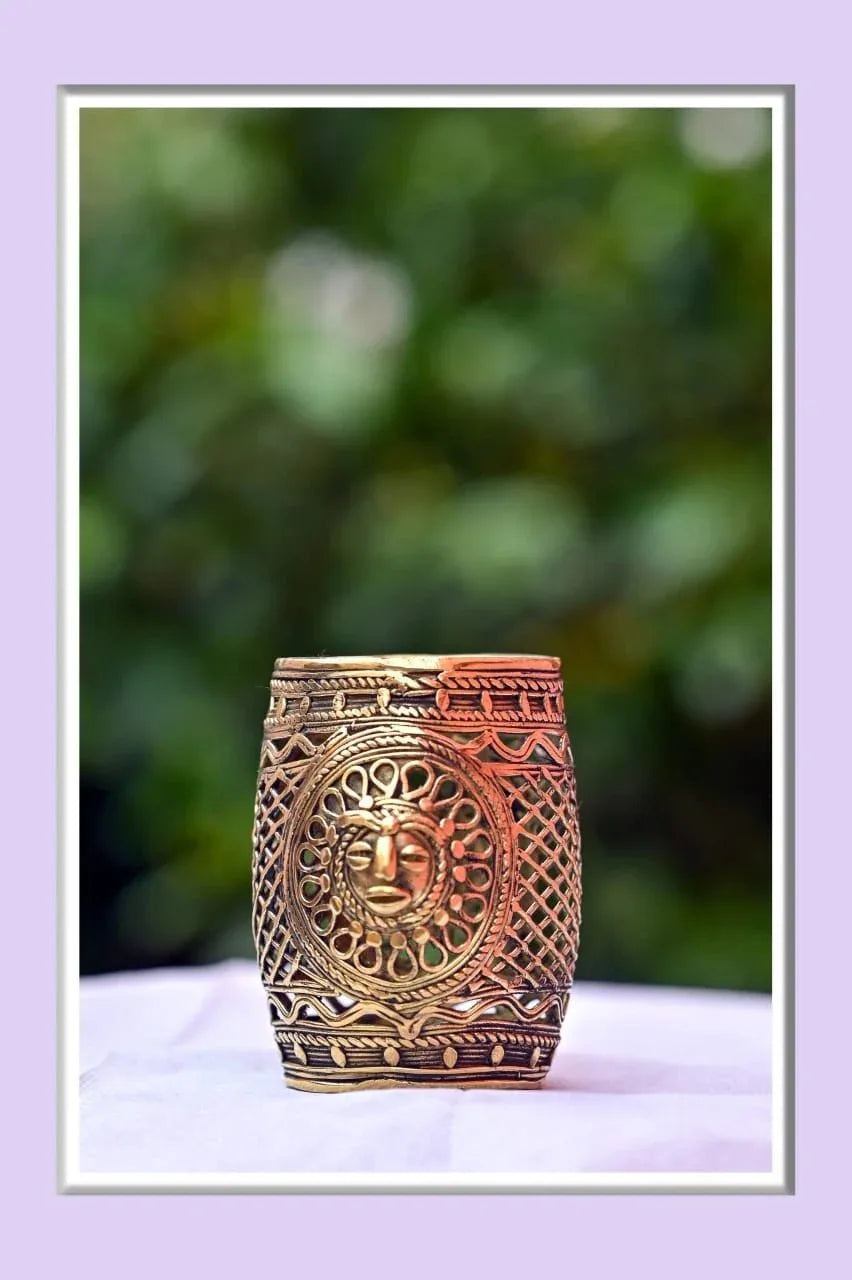 Dhokra Art Sun and Water Drops Cylindrical Pen/Cutlery Holder - ArtyCraftz