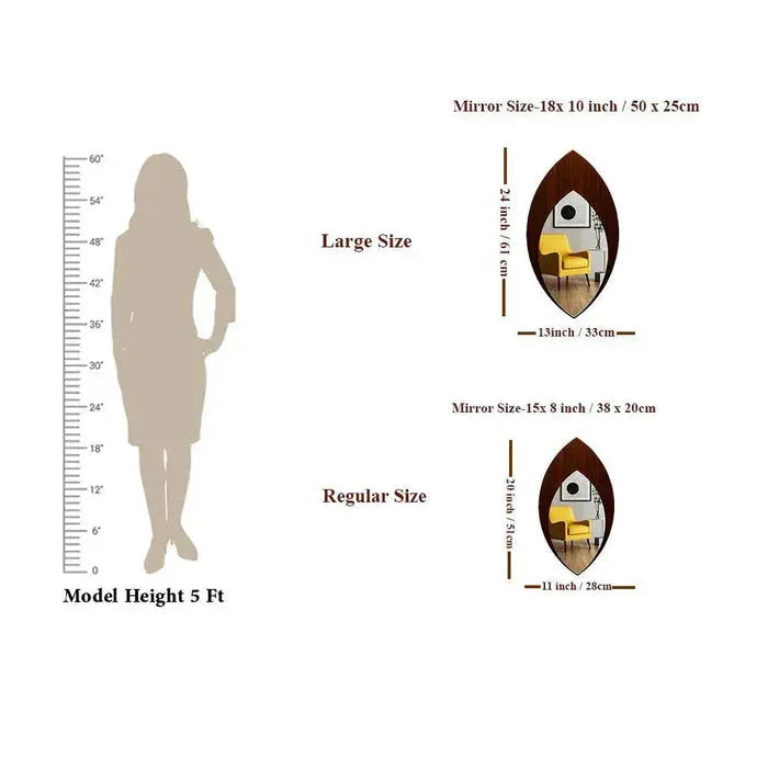 Measurement chart comparing a 5-foot model with two mirror sizes on a white background.