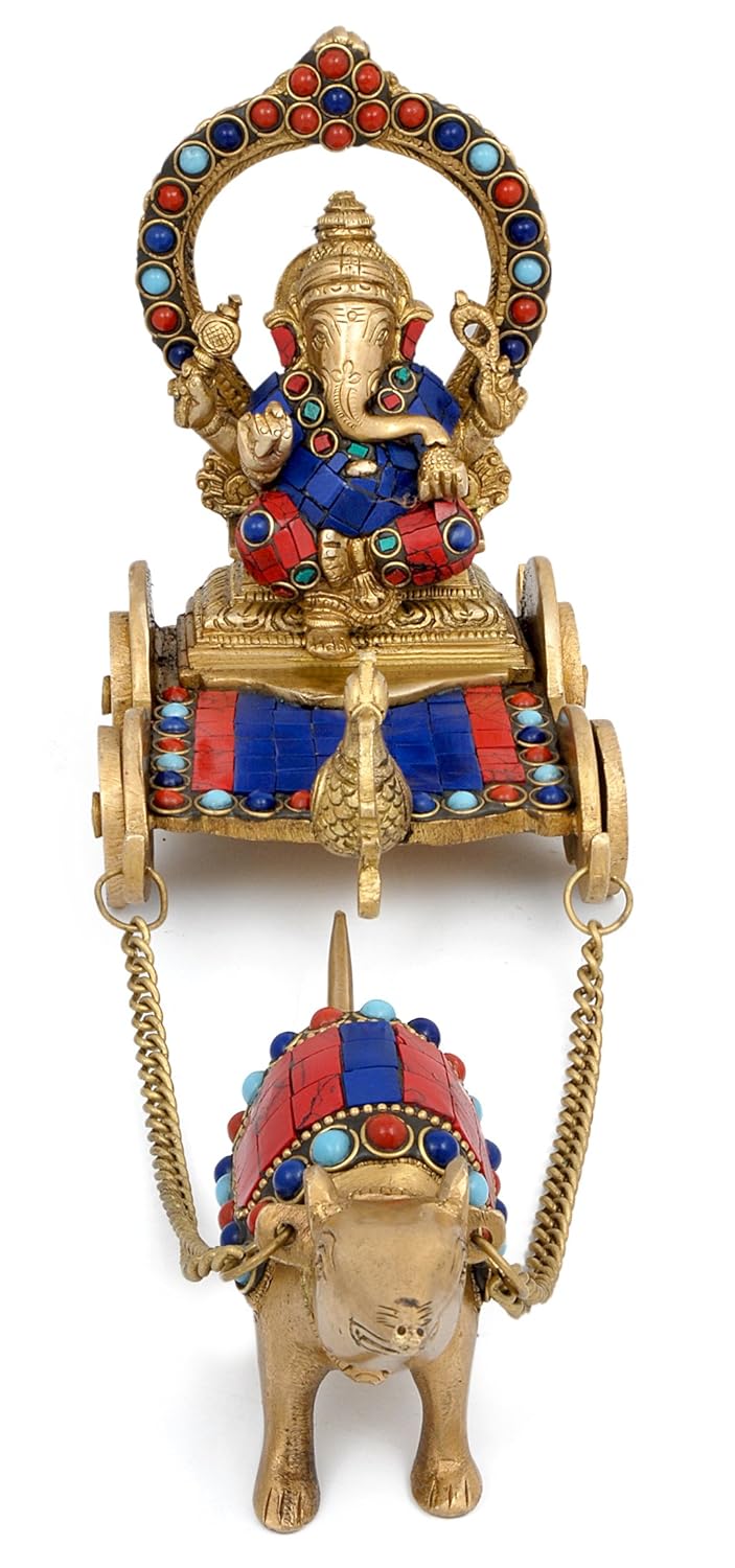 Handcrafted 12-inch solid brass Ganesha seated on stone-inlaid chariot pulled by his mouse Mooshika on brass chain — turquoise, coral and lapis stone inlay with prabhavali arch — ArtyCraftz