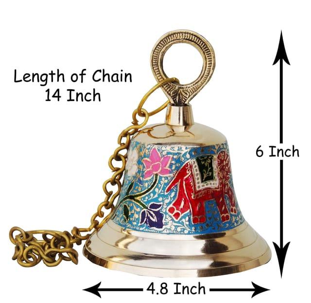 Hand-Painted Brass Hanging Pooja Bell with Elephant Motif 8.6 Inches