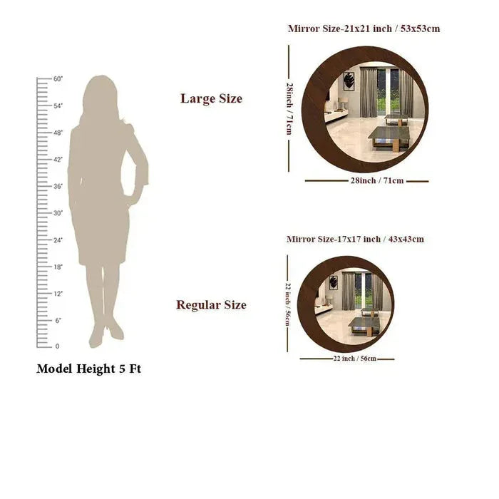 Size chart comparing mirror dimensions with a model height