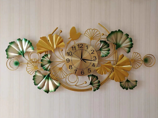 Luxury Floral Metal Wall Clock with Gold & Green Finish-ArtyCraftz.com