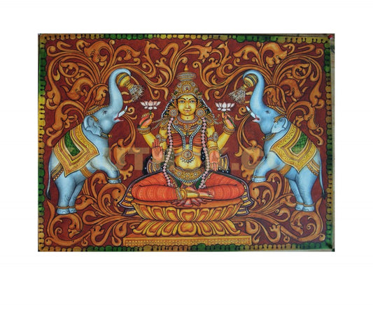 Goddess Lakshmi with Elephants Kerala Wall Mural Painting-ArtyCraftz.com