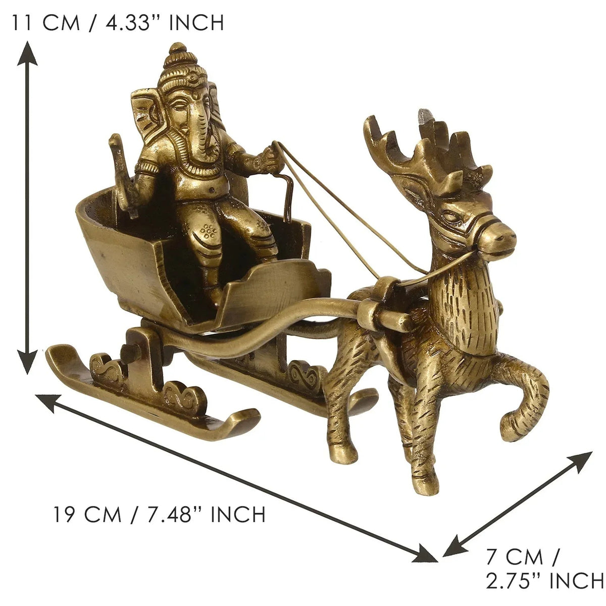Gold Brass Ganesha Enjoying Ride With Deer Cart Decorative Showpiece - ArtyCraftz