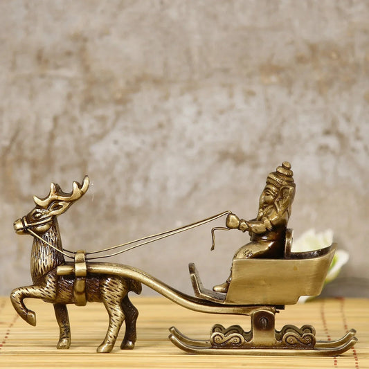 Gold Brass Ganesha Enjoying Ride With Deer Cart Decorative Showpiece - ArtyCraftz