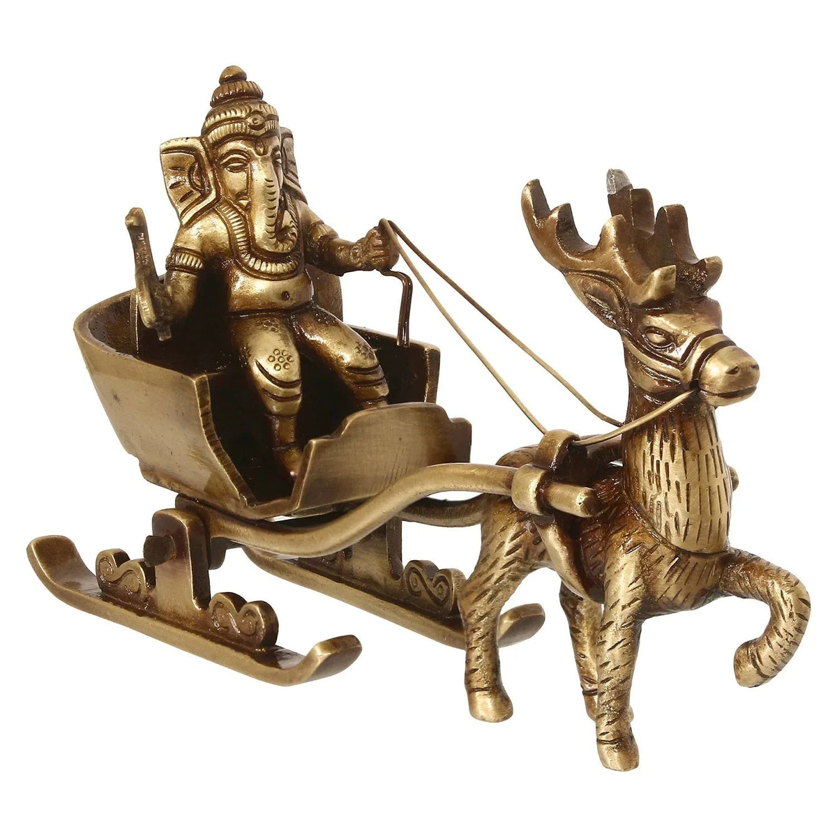 Gold Brass Ganesha Enjoying Ride With Deer Cart Decorative Showpiece - ArtyCraftz
