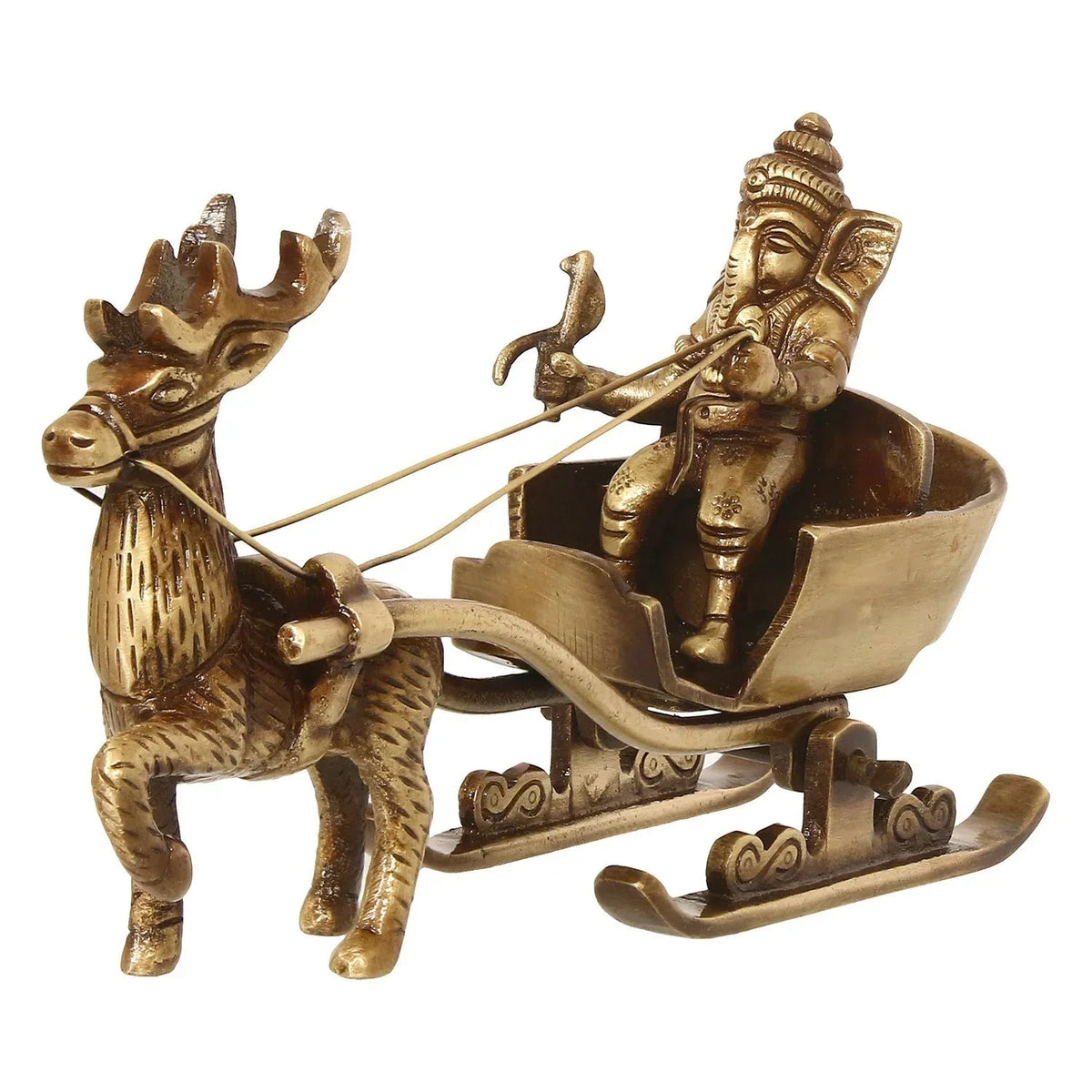Gold Brass Ganesha Enjoying Ride With Deer Cart Decorative Showpiece - ArtyCraftz