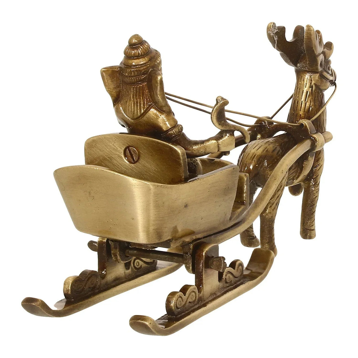Gold Brass Ganesha Enjoying Ride With Deer Cart Decorative Showpiece - ArtyCraftz