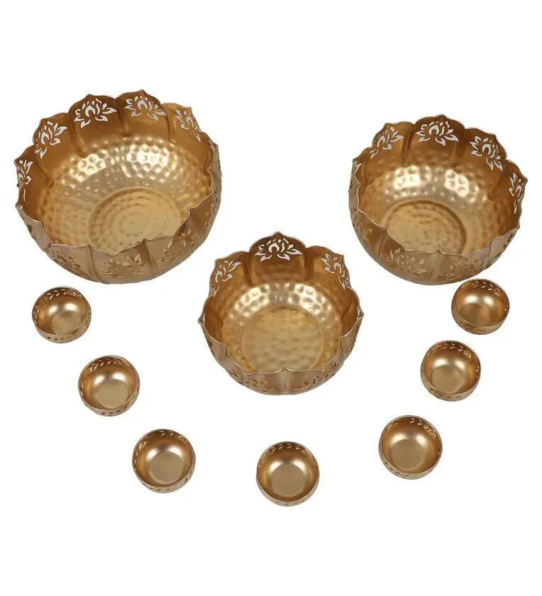 Gold Iron Big Lotus Urli With Stand & Bowls, Set Of 10 - ArtyCraftz