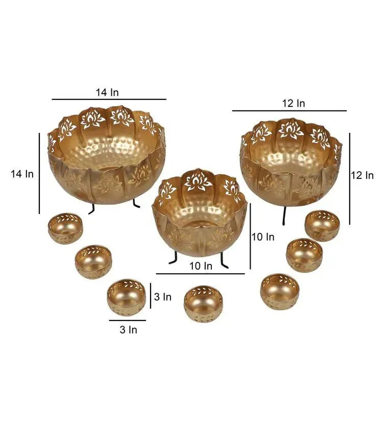 Gold Iron Big Lotus Urli With Stand & Bowls, Set Of 10 - ArtyCraftz