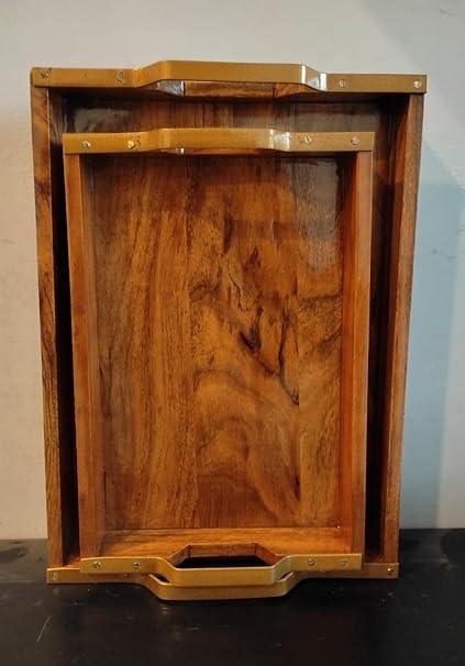 Set of 2 handcrafted acacia wood serving trays with brass arch handles — large 14x10 inch and small 12x8 inch, natural dark golden-brown grain finish — ArtyCraftz