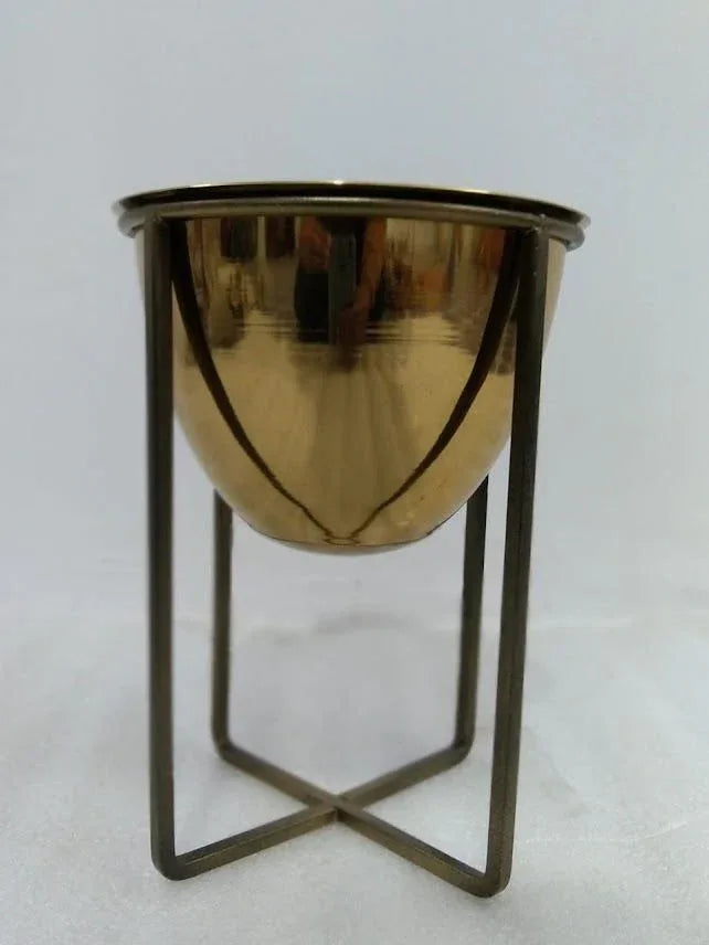 Golden Bowl Table Planter Pot for Living Room with Iron Crossed Stand - ArtyCraftz