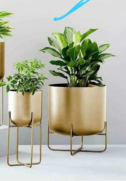 Golden Bowls Table Planters and Pot for Living Room with Iron Crossed Stands - ArtyCraftz