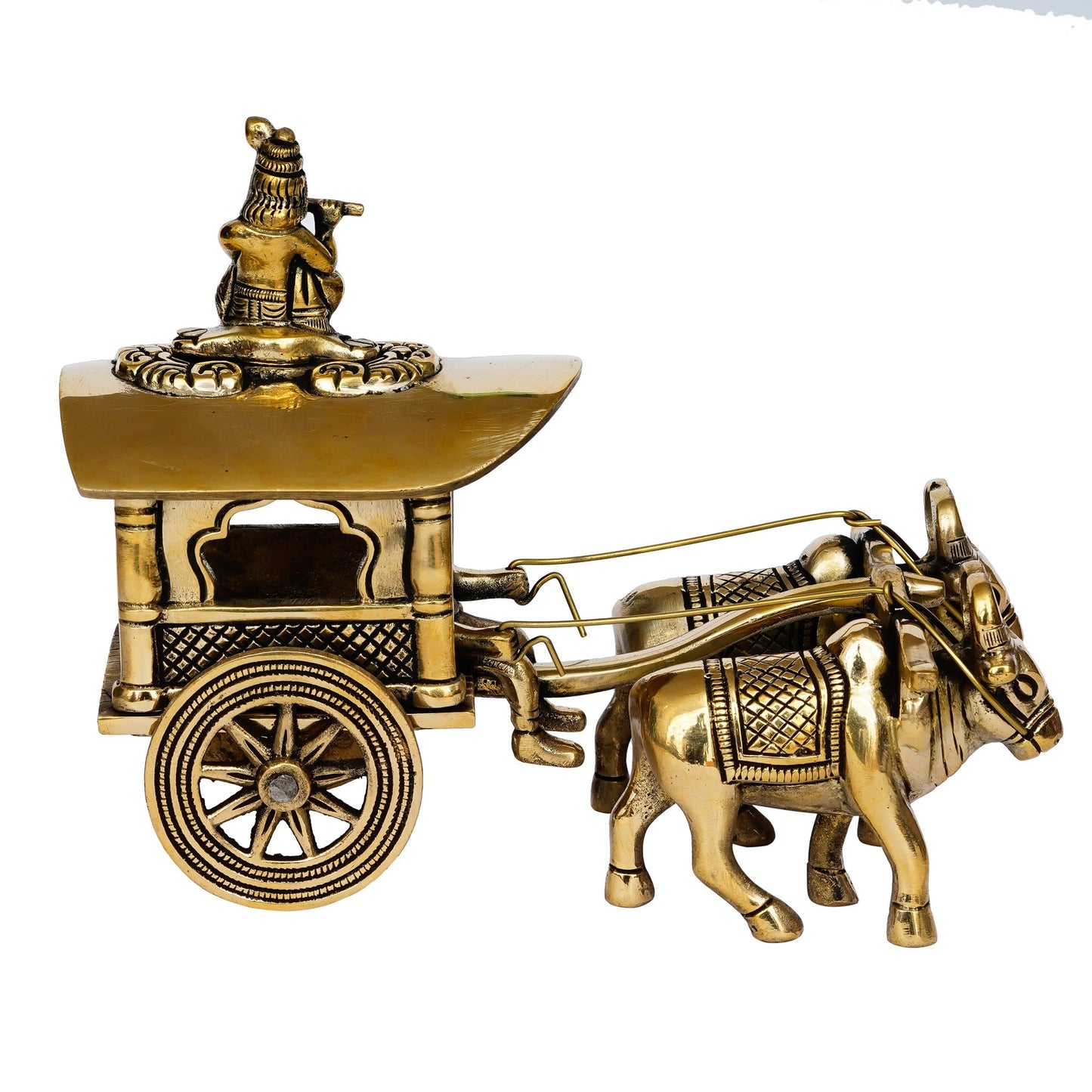 Golden Brass Lord Krishna Idol Sitting In Bullock Cart Showpiece - ArtyCraftz