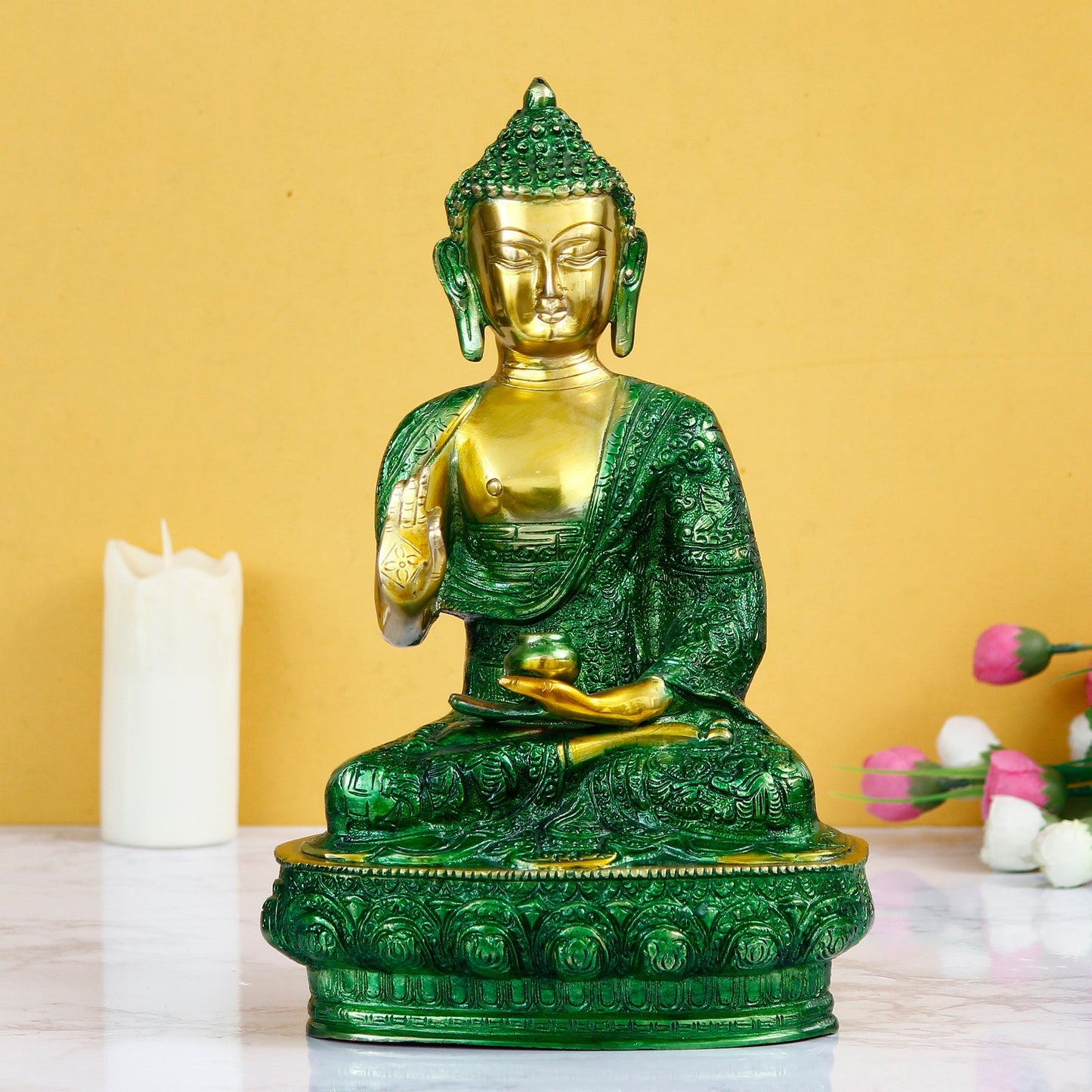 Green and Golden Brass Meditating Blessing big buddha Idol - ArtyCraftz