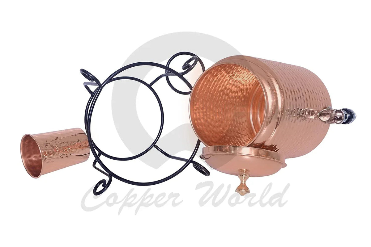 Hammered Copper Water Dispenser (Matka) with Stand & 1 Copper Glass - ArtyCraftz