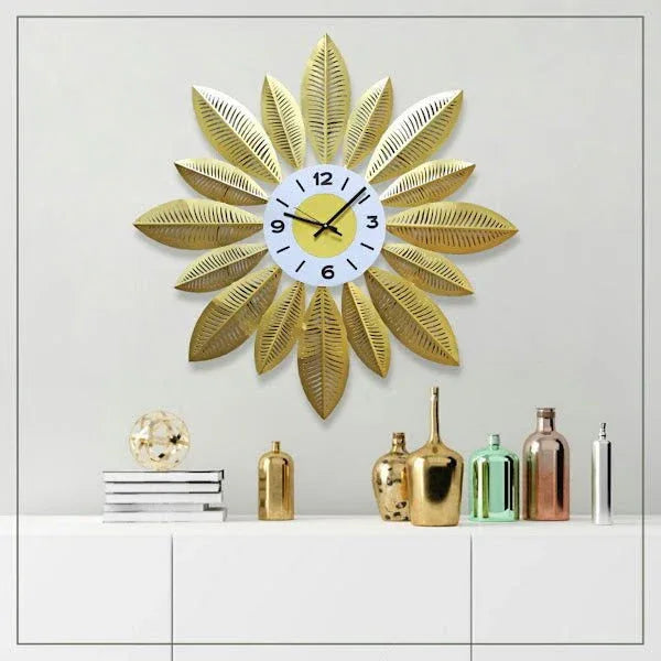 Handcrafted Golden Leaves Stylish Metal Wall Clock - ArtyCraftz