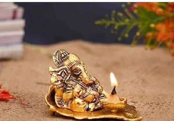 Handcrafted Metal Ganesha with Diya for Home Decor - ArtyCraftz