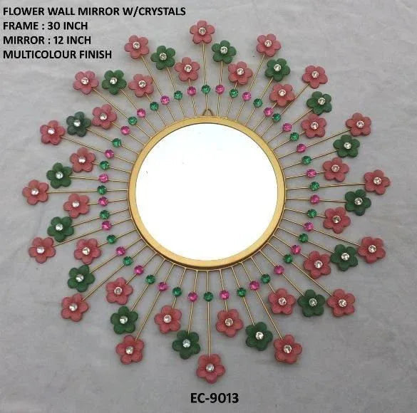 Handcrafted Metal with Crystal Flower Mirror for Wall Decor 30 Inches - ArtyCraftz