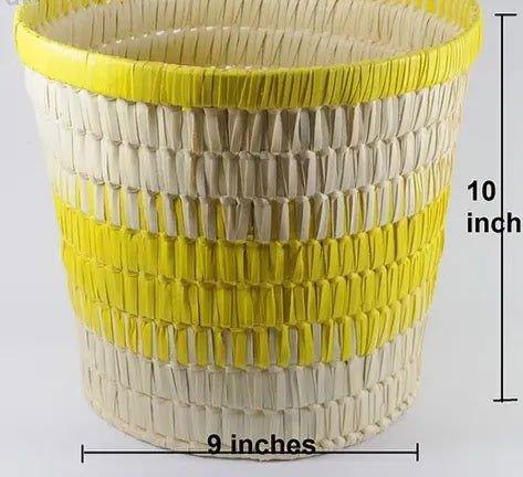 Handcrafted Palm Leaf Potter Bin 9 Inches diameter base & 10 Inches Height Yellow Color - ArtyCraftz