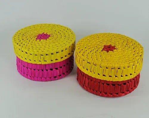 Handcrafted Palm Leaf Round Box - Medium - ArtyCraftz