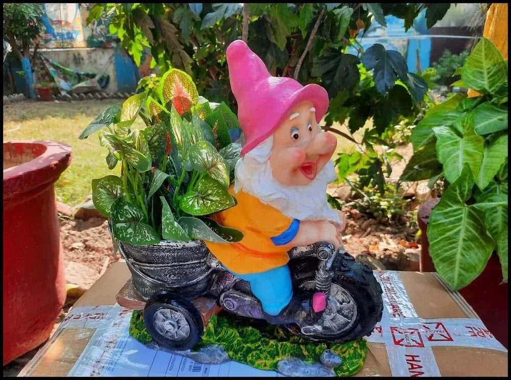 Handcrafted Resin Gnome riding Bike with Flower Pot / Planter for Home, garden ,Balcony 12*12 Inches - ArtyCraftz