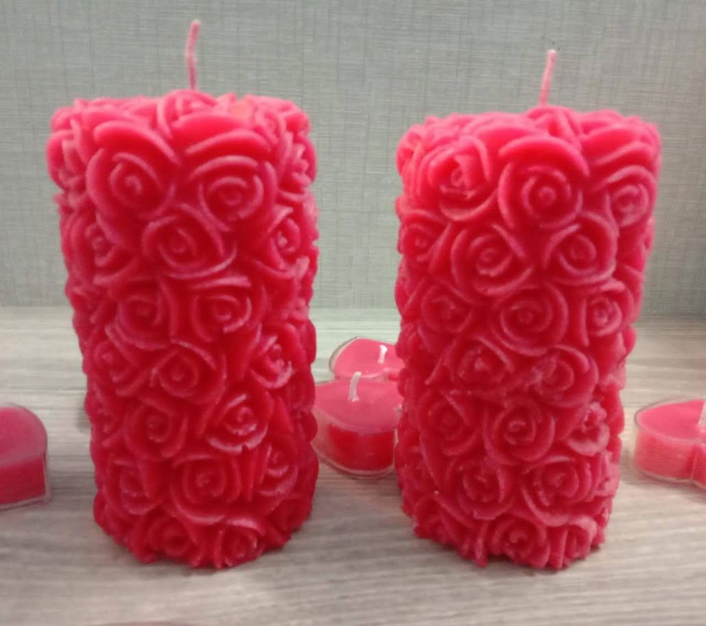 Handcrafted Rose Pillar Candles Wax, for Candle Decoration & Gift (4*2.5 Cm) Set of 2 Candles - ArtyCraftz