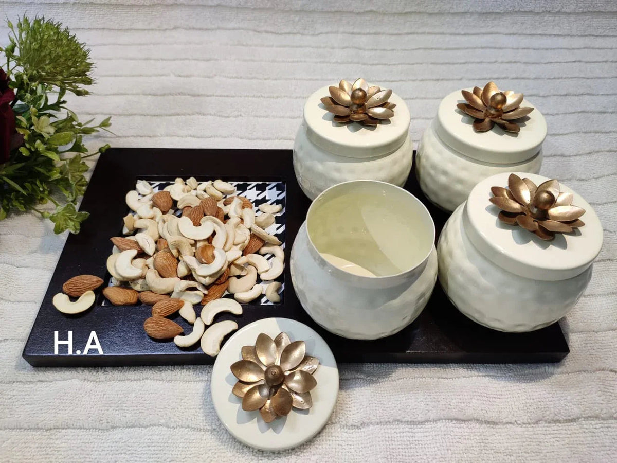 Handcrafted Wooden Platter With 4 Jars - ArtyCraftz