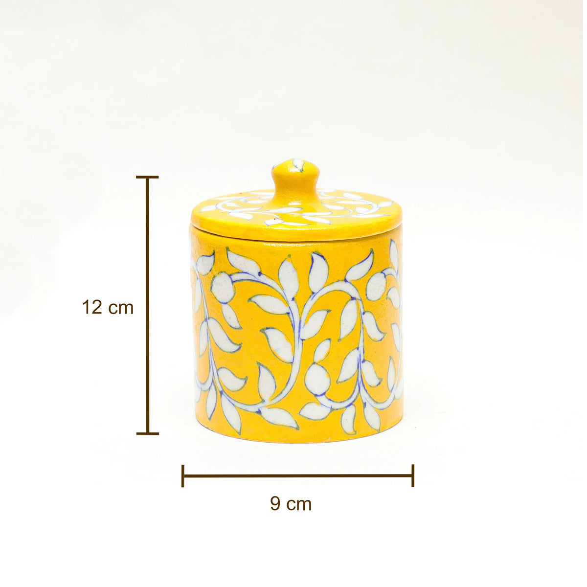 handcrafted yellow ceramic jar with white floral design and lid-ArtyCraftz.com
