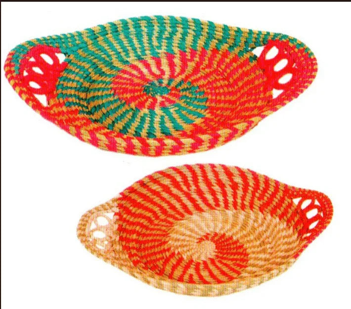 Handmade Colourful Sabai Grass Round Serving Tray/Basket with Handle 12X 9 inches - ArtyCraftz