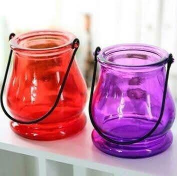 Handmade Hanging Glass T - Light Holder with Metal Handle Set of 2 Red with Purple Color - ArtyCraftz