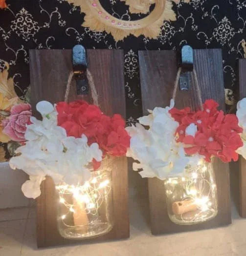 Handmade Hanging Jars with Flower for Farmhouse Kitchen Living Room House Decorations Lights Set of 2 - ArtyCraftz