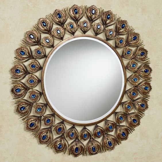 Handmade Metal Glass and Beaded Peacock Feather Wall Mirror - ArtyCraftz